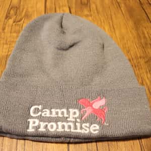 Camp Promise gray knit hat with Camp Promise logo in white text and pink pigasus logo on the front